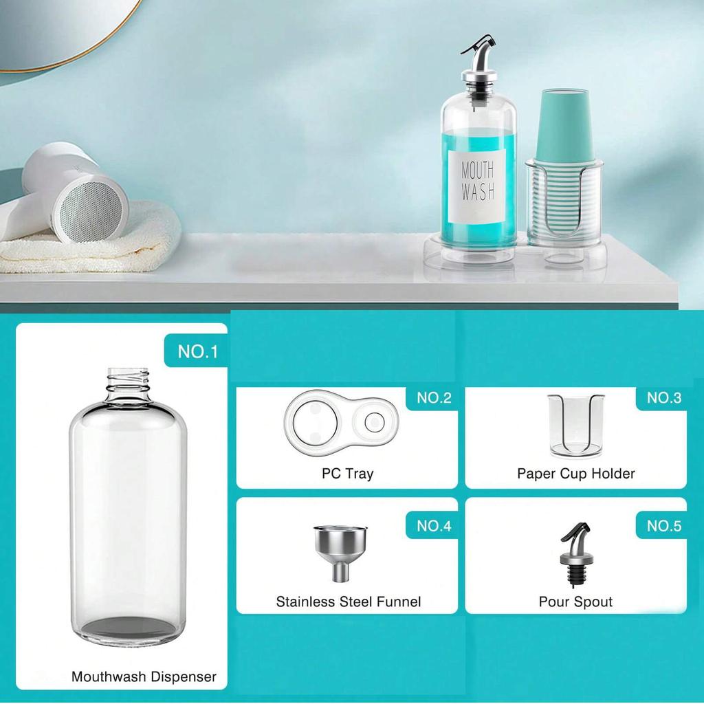 Mouthwash Dispenser for Bathroom Organizer with Cup Holder Detachable Acrylic Mouthwash Container 16 Oz,Mouth Washer Dispenser