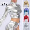 Eng anliegendes Oberteil Damen Club Glänzendes Kunstleder Halber Stehkragen Einfarbig Taille freiliegend Langarm Eng anliegender Pullover Elastisch Nachtclub Bühnenauftritt Party