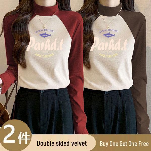 

Женская теплая приталенная блузка из двух частей с цветными блоками и бархатным воротником-стойкой M (45-50 kg)