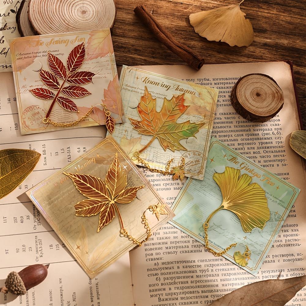 4pcs Vintage Autumn Leaves Hollow Bronzing Metal Bookmark with Metal Chain Pendant Bookmark for Birthday Writers Teachers