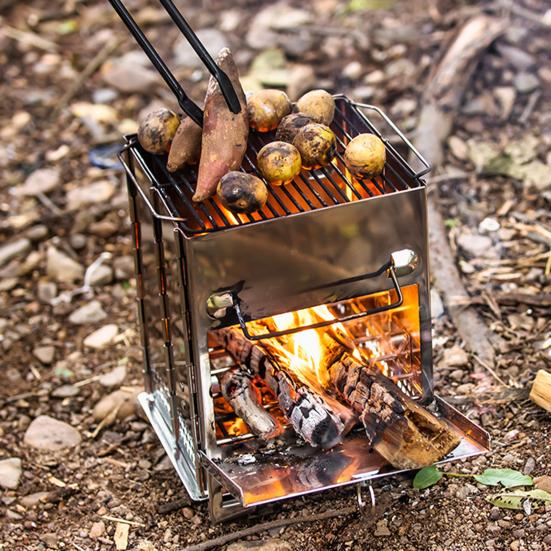Stainless Steel Wood Burning Stove Outdoor Camping Hiking Picnic BBQ Cooking Folding Stove Portable Wood Burner Camp Stove with Ash Tray