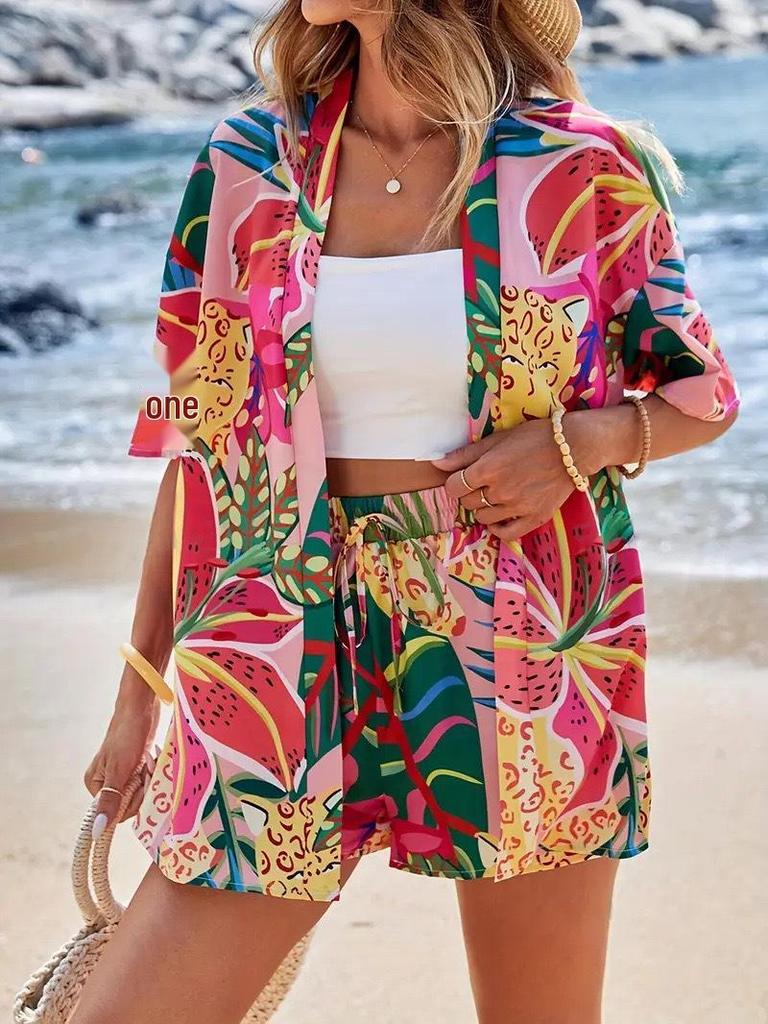 2025 Trendy Vacation Print Two-Piece Set: Elegant Short Sleeve Top & Tie-Waist High Waist Shorts
