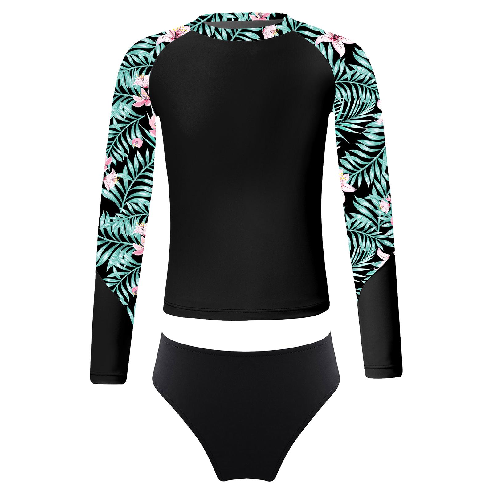 Mädchen Langarm Schwimmset Bedrucktes Mock-Neck Rashguard Oberteil Badehose UPF 50 Sonnenschutz Strand Pool Outfit 5-6 Years grün/schwarz