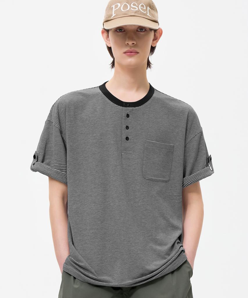 TRILLION Roll-Up One-Pocket Henley Neck Short Sleeve T-Shirt_4Color