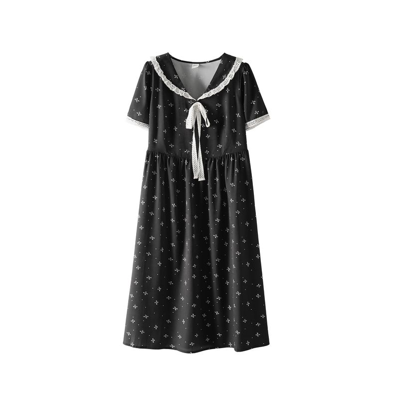 Plus size women clothing [Star River Monroe] Summer Chubby Girl Preppy Sailor Collar Short sleeve Bow Floral Dress