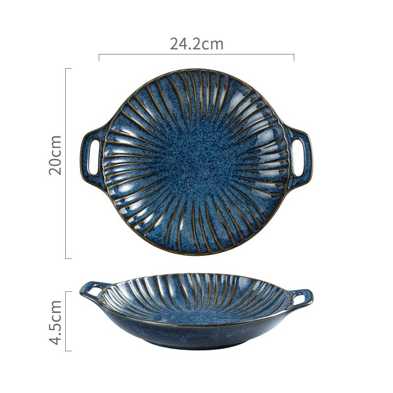 

Relief Stripe Ceramic Double Ear Plate Salad Plate Dessert Plate Snack Plates Restaurant Molecular Cuisine Creative Tableware