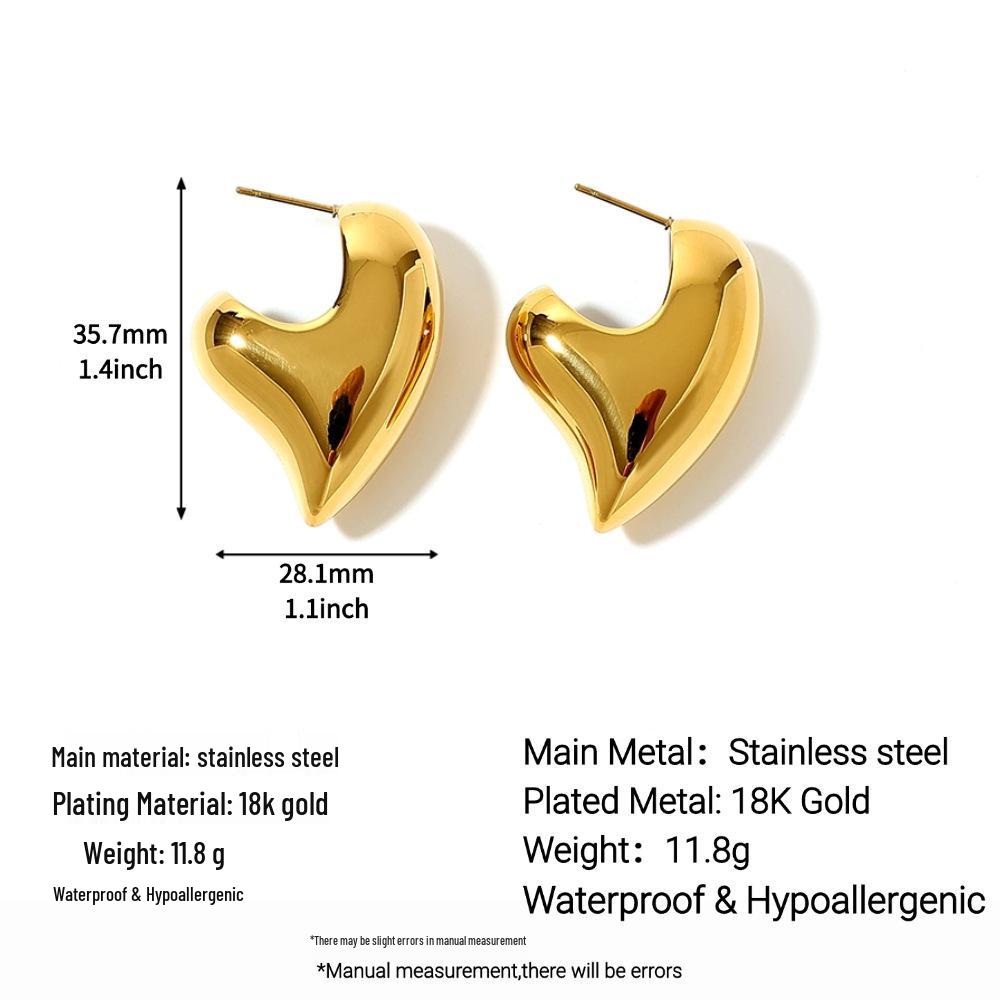 18K Gold Vacuum-Plated Heart-Shaped Stainless Steel Earrings – Fashionable, Waterproof, High-Polish Studs for Women