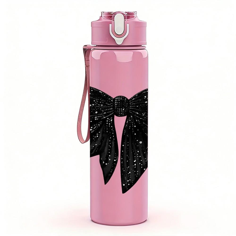 1PC Solid Black Satin Bow Decor Print 750ml Color Plastic Sports Water Bottle Leakproof Flip Straw Lid Suitable for Sports Office Home Use