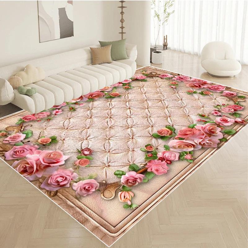 Nordic Luxury Pink Carpet Living Room Large Size Pastoral Flower Home Bedroom Rugs Washable Lounge Rug Hotel Lobby Floor Mats