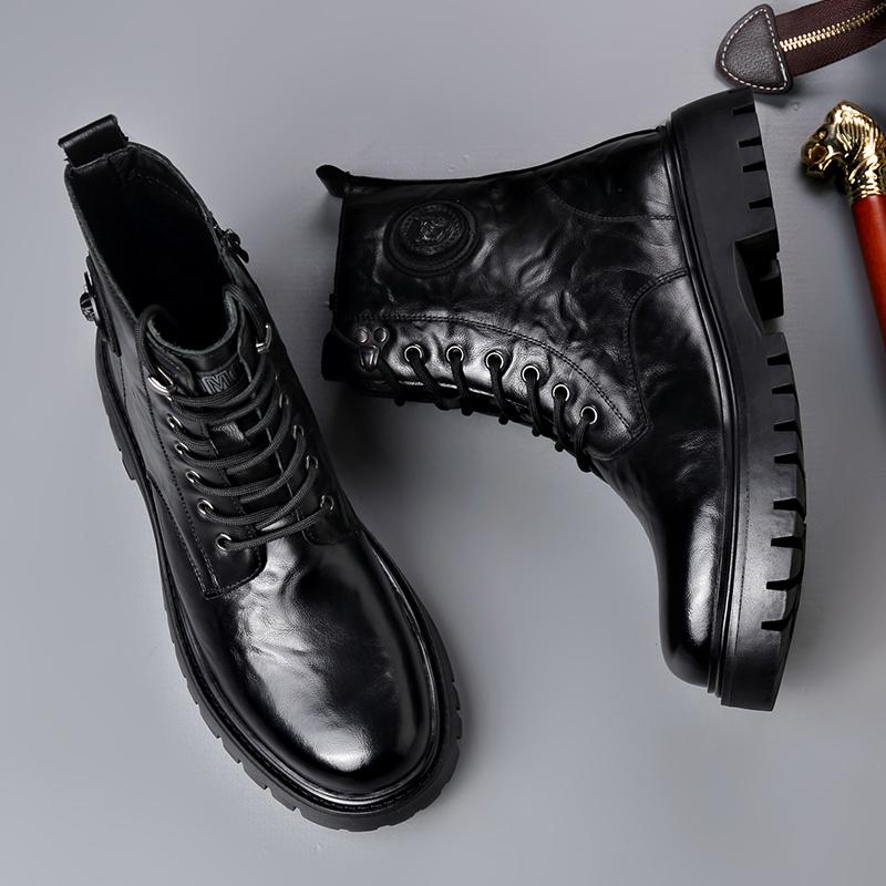 Genuine Leather Platform Boots High Top Motorcycle Shoes  Fashion Punk Mid-Calf Boots Luxury Brand Mens Winter Plush Snow Botas