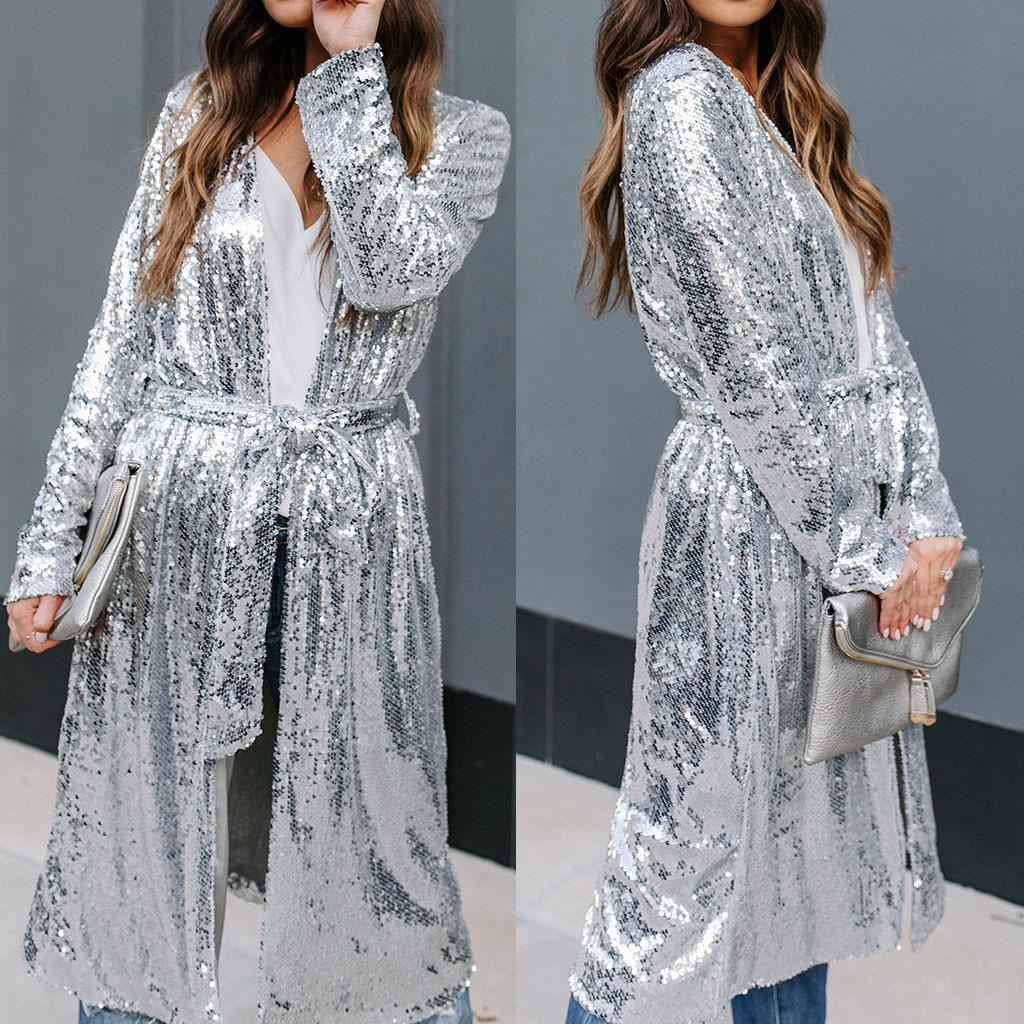 Women's Fashion Casual  Sequins Long Button Belt Coat Cardigan