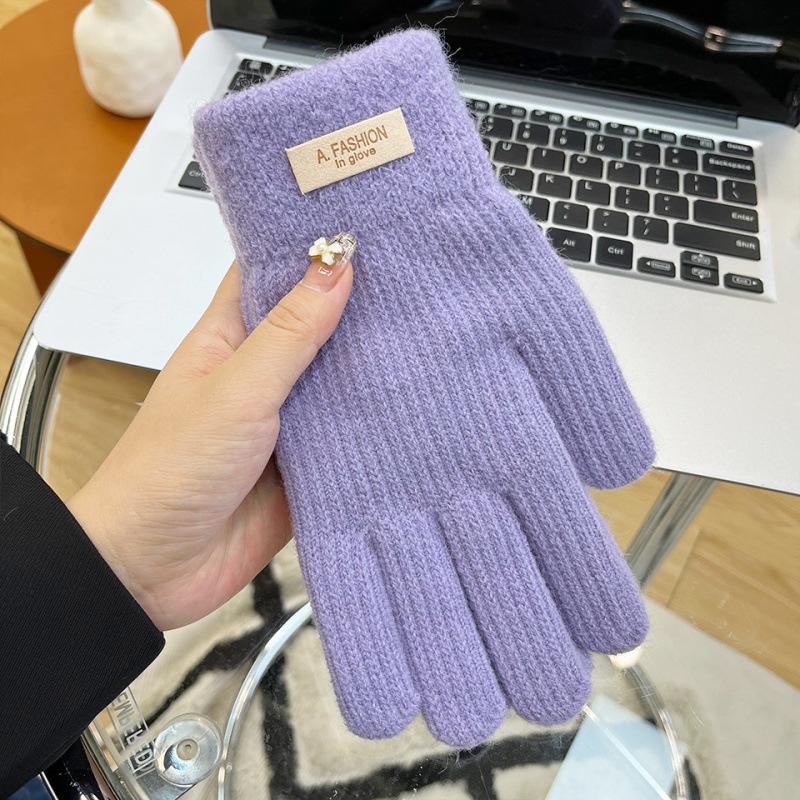 Korean Knitted Wool Gloves Women's Winter Cold Protection Thickened Velvet Candy Color Cycling Bare Fingers Five Fingers