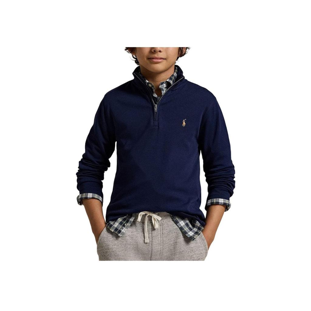 Polo Ralph Lauren Chlapecká jednobarevná mikina s vyšívaným logem na poloviční zip s dlouhým rukávem Dětská mikina Námořnická modrá 323886908-001