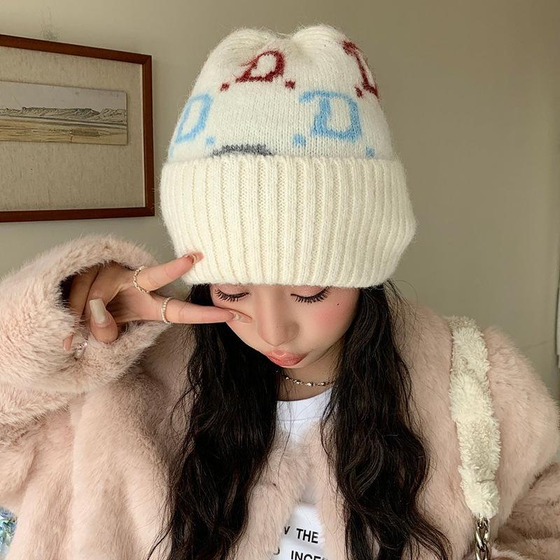 Personalized jacquard letter knitted cold hat women's winter big head circumference stacking hat men's and women's ear protectors cold hat