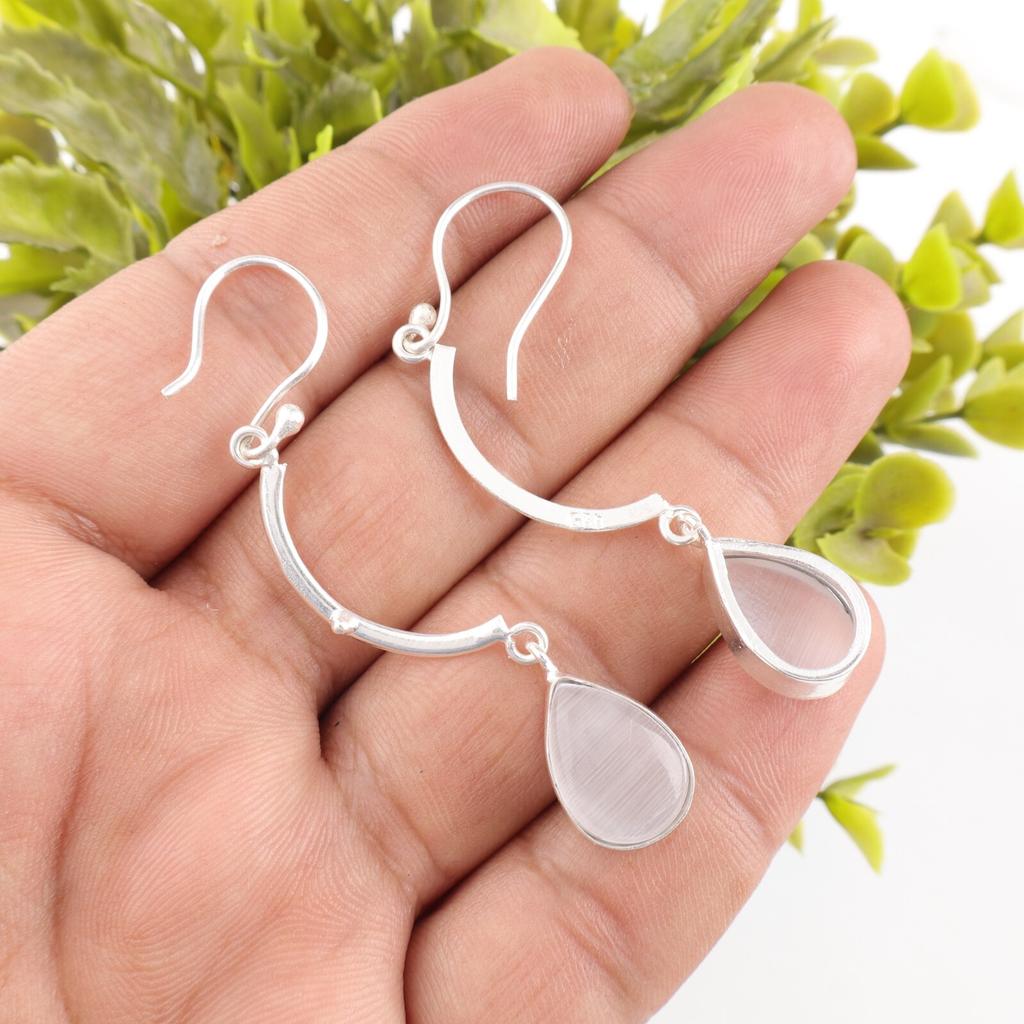 Selenite Gemstone 925 Solid Silver Jewelry Handmade Earrings 2.60" Gift For Her EE-43-43