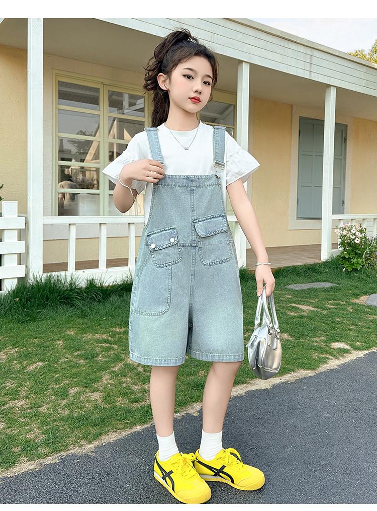 Girls' denim overalls set for summer 2026, new stylish mid size children's Korean version fashionable shorts two-piece set