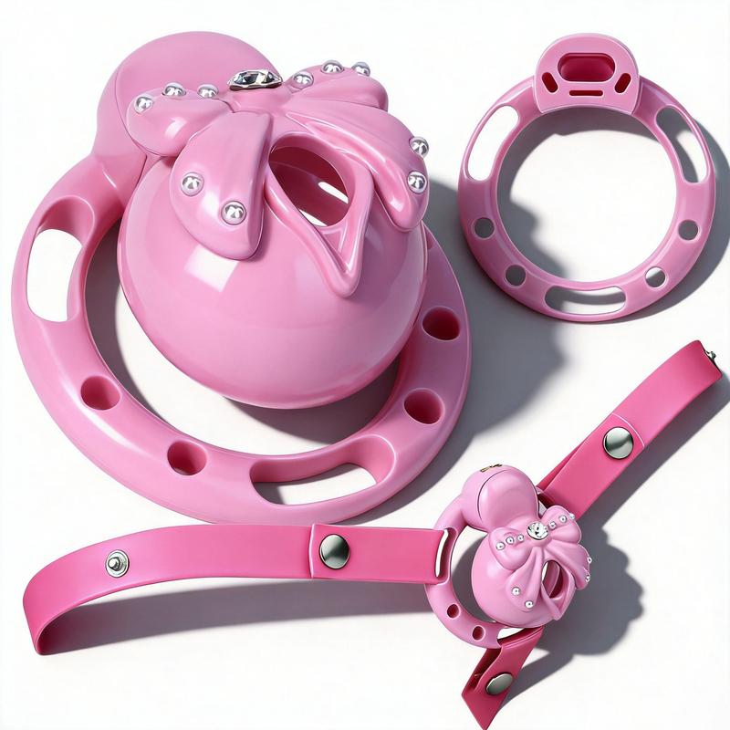 FRRK ABS Resin Bow Pearl Chastity Cage 4Pcs Locking Rings BDSM Penis Restraint Accessory Kit For Adult Male Private Indoor Use