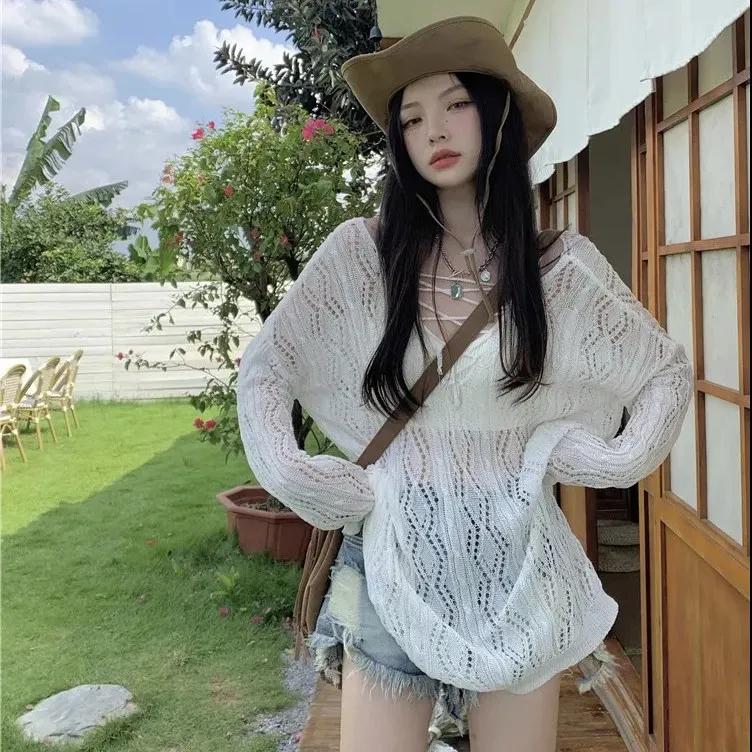 Hollow Sunscreen Blouse Ins Spring Loose Lazy Wind Halter Blouse Women's V-neck Knitted Blouse