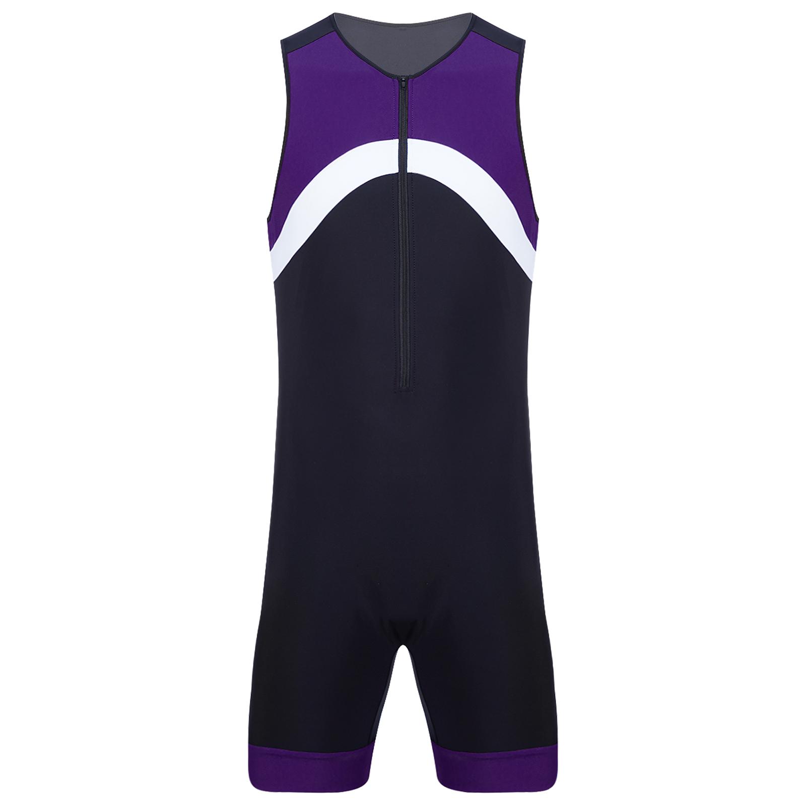 

Mens Contrast Color Sleeveless Zipper Bodysuit Sports Jumpsuit Swimming Surfing Cycling фіолетовий