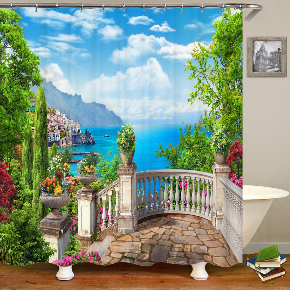 Retro Landschaft Duschvorhang Pflanze Blume Garten Natur Szenerie Wasserdichtes Gewebe Polyester Badezimmervorhang Badezimmer Zubehör