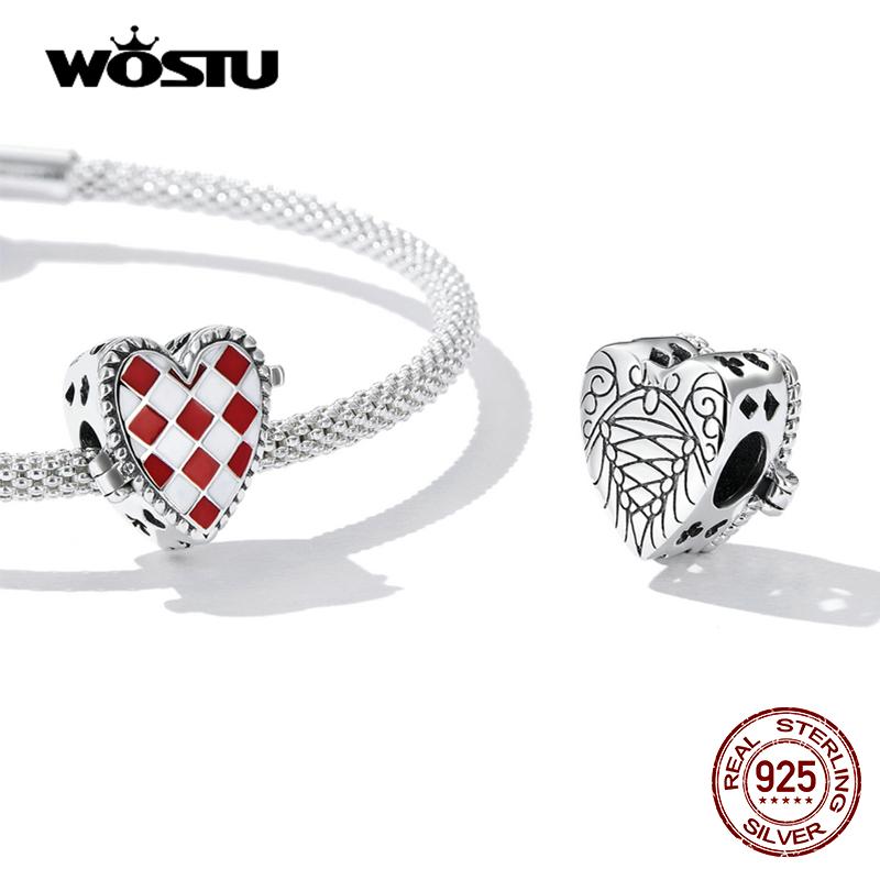 WOSTU gerçek 925 ayar gümüş sevimli kırmızı kalp saat Charms boncuk kadınlar için Fit orijinal DIY bilezik kolye güzel takı hediyeler