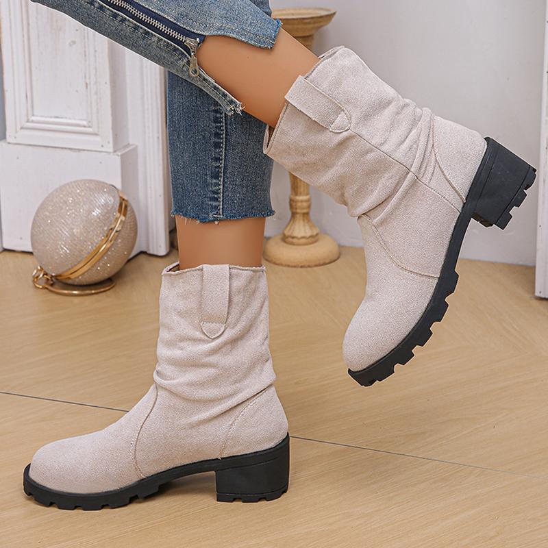 Lucyever Pleated Design Slip On Ankle Boots Woman 2024 Vinatge Flock Thick Heels Cowboy Boots Woman Plus Size Short Botas Mujer