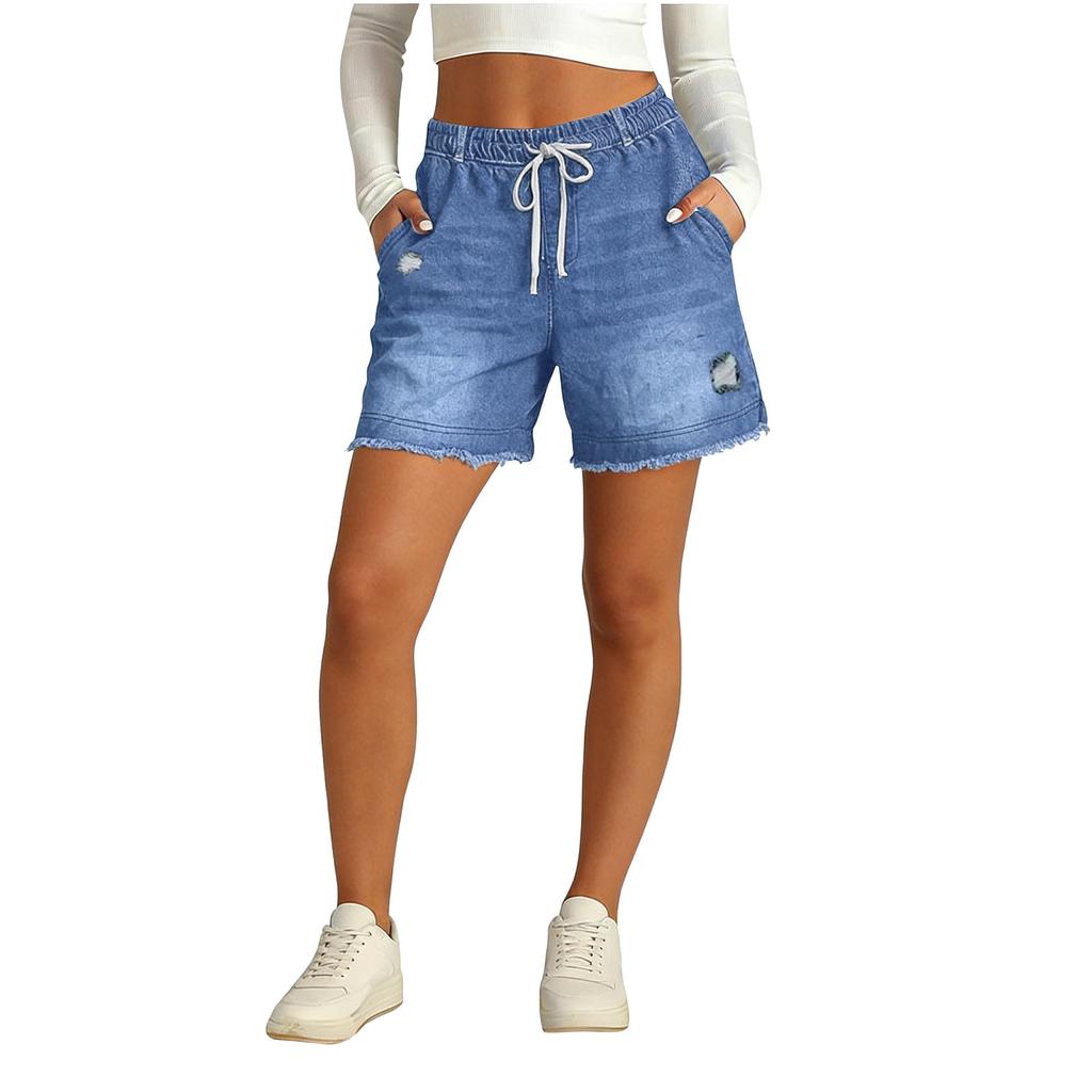 Pantaloncini di Jeans Casual da Donna con Coulisse in Vita Elastico Bordo Sfilacciato Usurato e Tasche per l'Uso Quotidiano