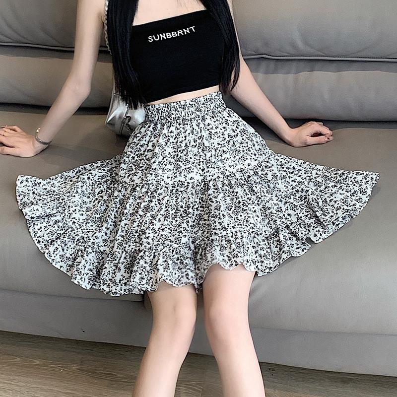 Qooth Summer Floral Pleated A Line Sweet Mini Ruffle Skirt Tiered Elastic Waist Bud Skirt QT2627