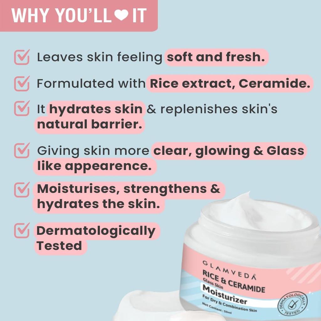 Glamveda Rice & Ceramide Face Moisturizer Cream For Dry & Oily Skin | Skin Barrier Building & Nourishing | Fine Lines Wrinkles, Age Spots & Hyperp