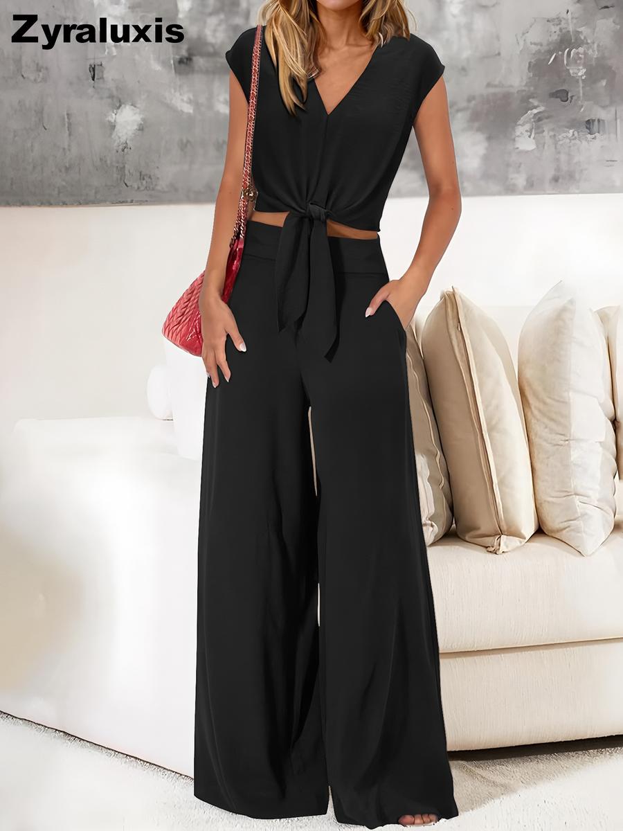 New Women s Summer V-Neck Tie Waist Shorts Wide Leg Pants Casual Fashion Set High Waist S чёрный