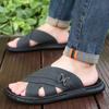 Men Black Leather Slippers Simple Flats Summer Brown Outdoor Roman Sandals Outdoor Beach Shoes Over Sized
