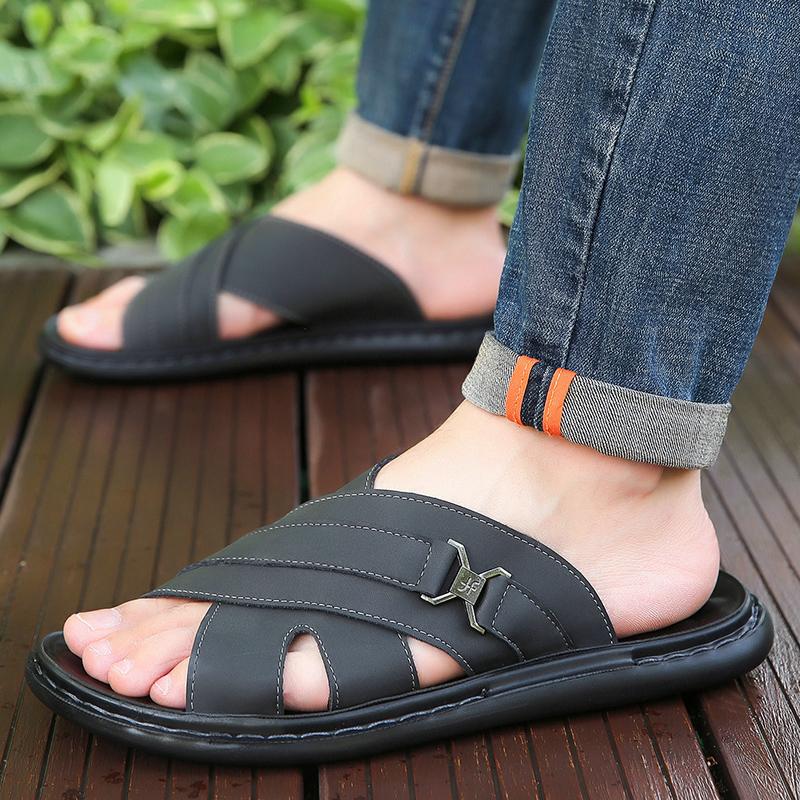 Men Black Leather Slippers Simple Flats Summer Brown Outdoor Roman Sandals Outdoor Beach Shoes Over Sized