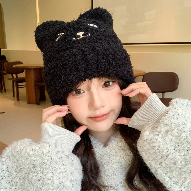 Herbst- und Wintermützen Damen niedlich Bär Plüsch gestrickte Wollmützen Winter warm Ohrenmützen dick