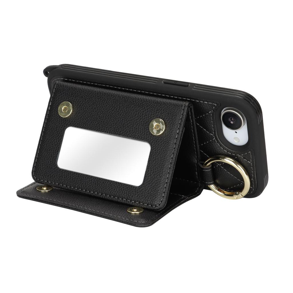 For iPhone 16e Case with Lanyard/Mirror/Card Holder Grids Pattern RFID Blocking Phone Cover