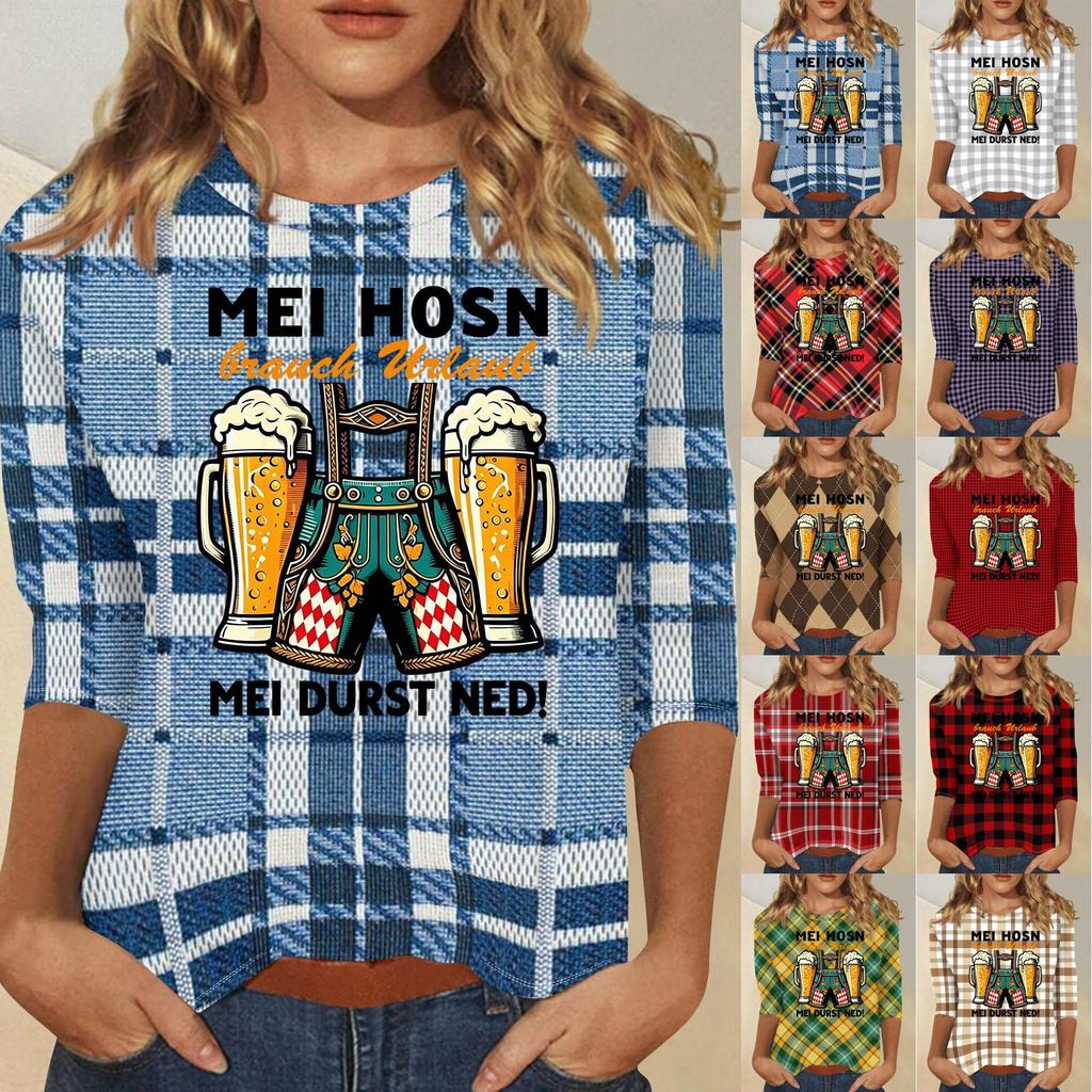 Women's Casual Three Quarter Sleeve Round Neck Shirt Oktoberfest Print Lightweight Comfortable Fit Top for Everyday Wear