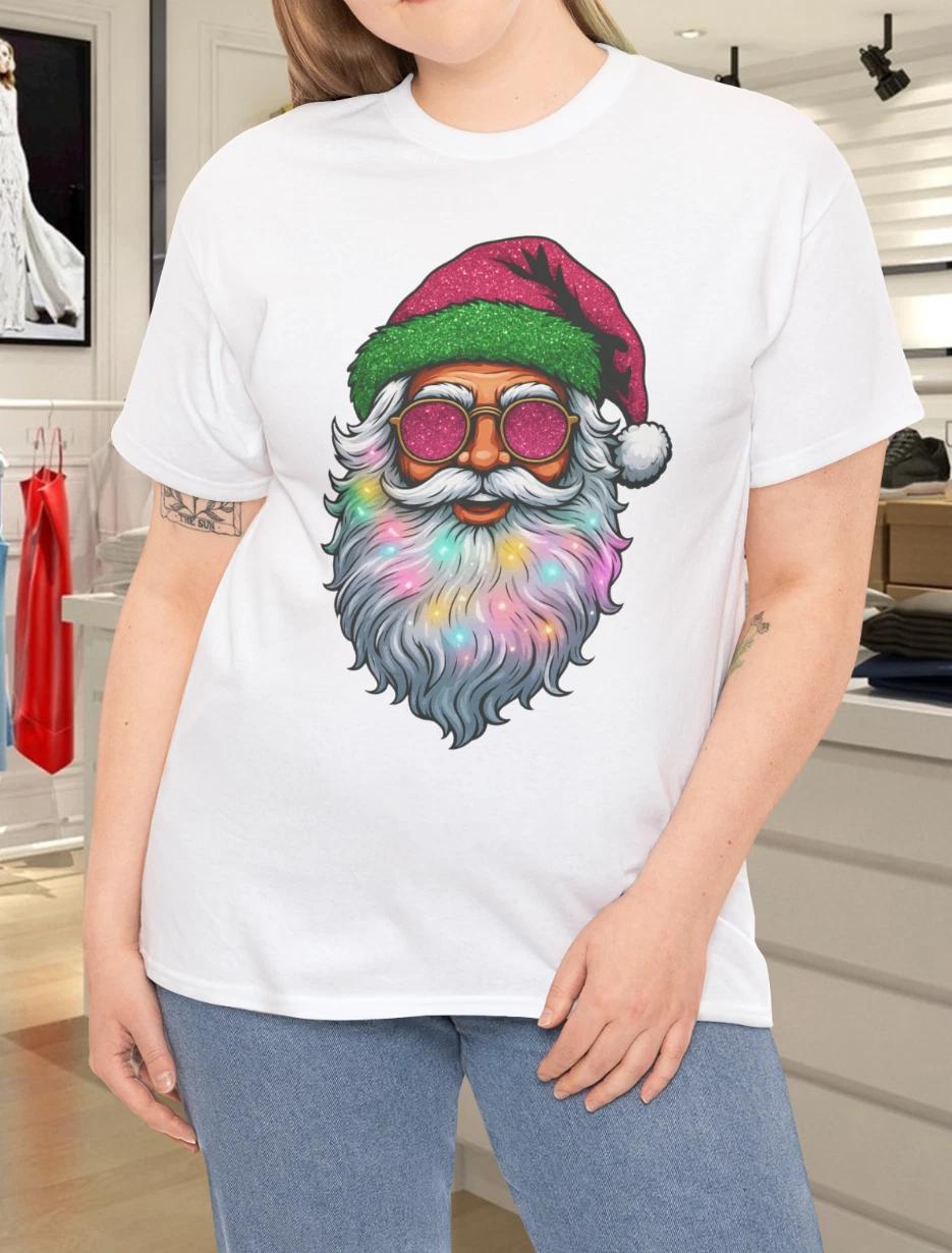 Santa with Sunglasses Printed Christmas Casual Cozy T- Shirt L