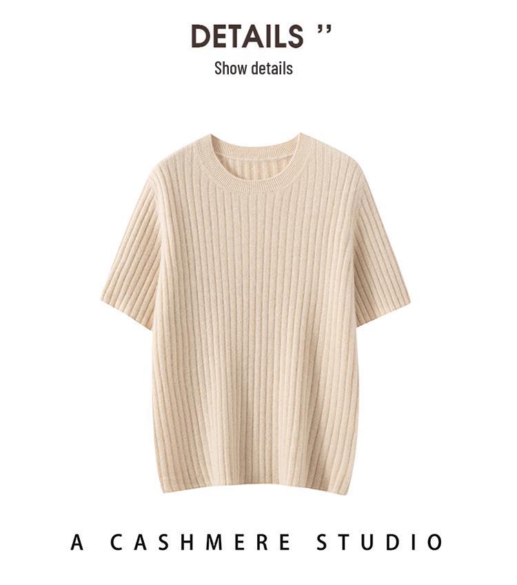 100% Pure Cashmere Round Neck Knit Short Sleeve Sweater