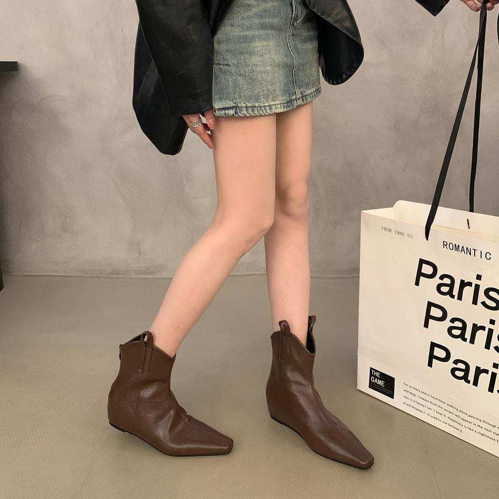 French retro pointed V-mouth inner heightening western boots women's 2025 autumn new high-end pleated Chelsea boots