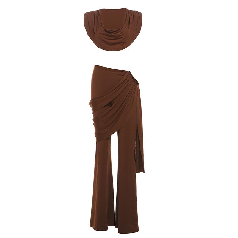 

New Women s Fashion Personality Slim Fit Pleated V-neck Short Navel-baring Hip-wrapped Casual Suit S коричневый