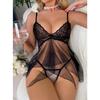 Erotic Women's Lace Deep V-Neck Bra Fitted Lingerie Dress Sexy Hollow Out Thong Costume Sexy Doll Erotic Suspender One Piece Set
