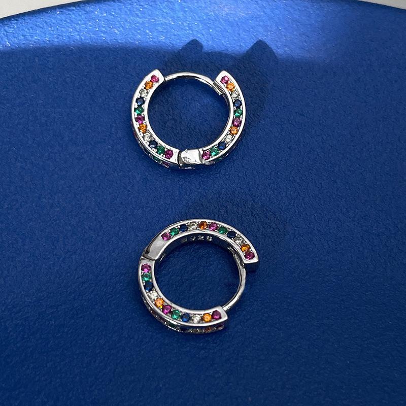 Rainbow Zirconia Circle Earrings - French Retro Style with Lively Temperament and Ins Trendy Needle Back Design for Women