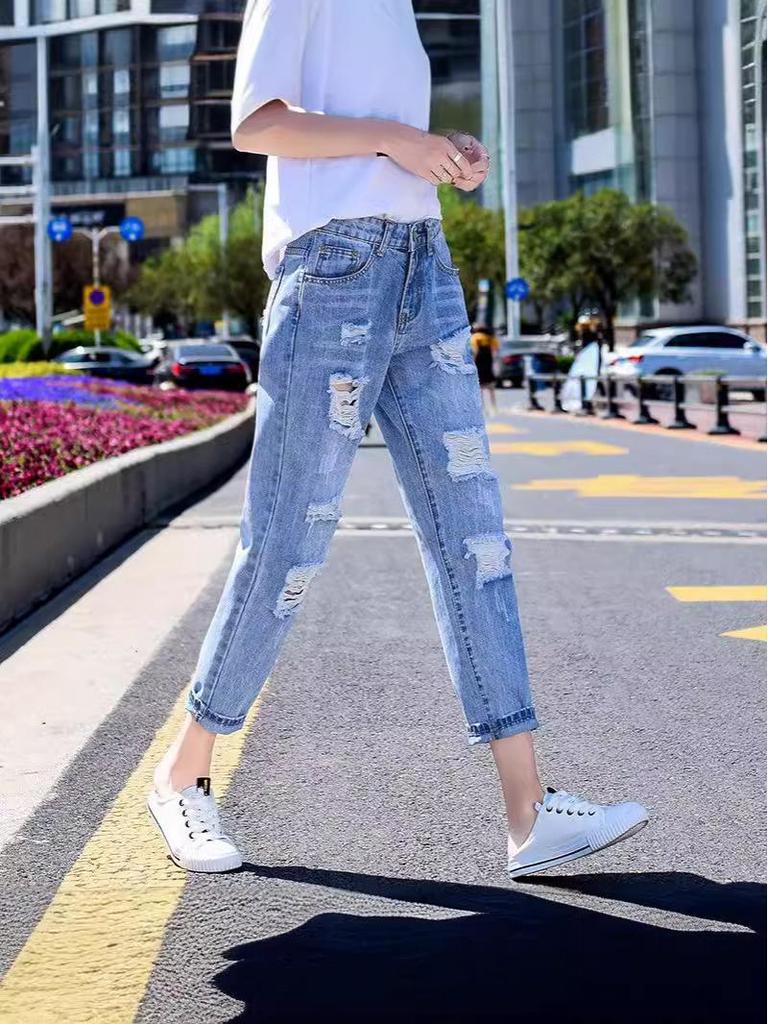 Women's 2024 Blue Ripped High Waist Straight Leg Jeans