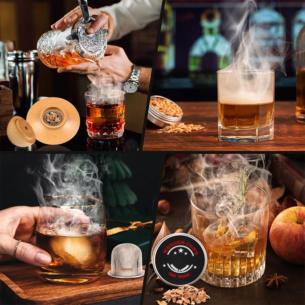 Cocktail Räuchergerät Rauchkopf Whiskey Räucher Set mit 4 Arten von Holzspänen (Eiche, Pfirsich, Apfel, Kirsche), Filter und Löffel - Aus Holz