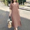 ZANZEA Womens Plaid Maxi Dress Casual V Neck Short Puff Sleeve Side Slit Vintage Loose Long Dresses