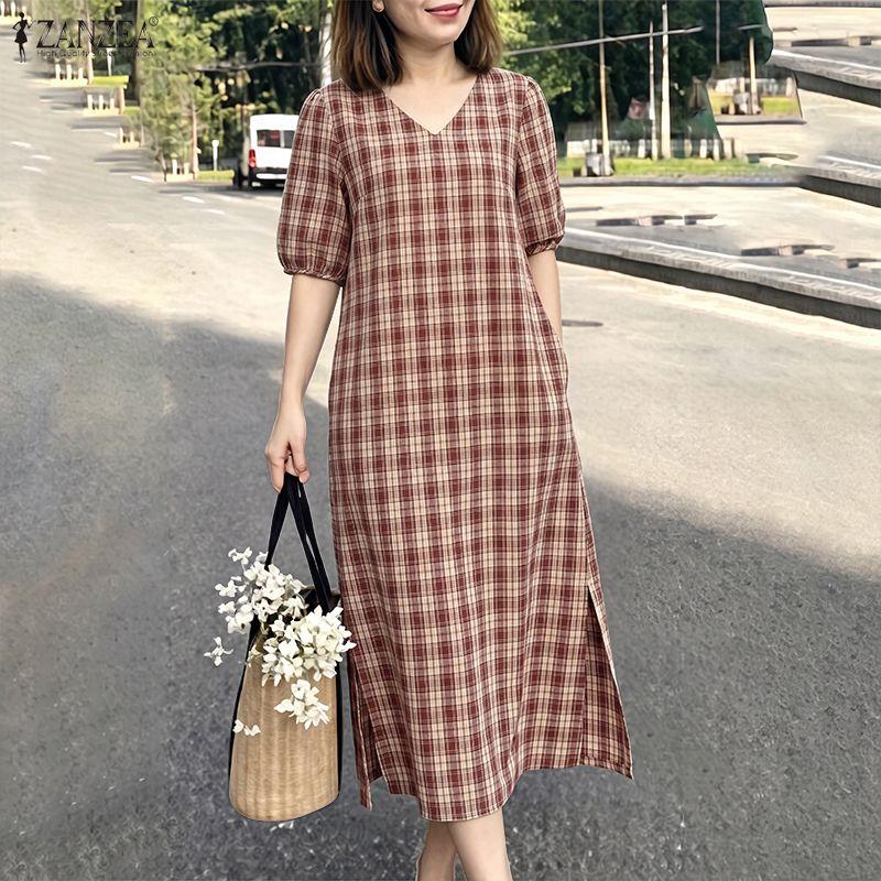 ZANZEA Womens Plaid Maxi Dress Casual V Neck Short Puff Sleeve Side Slit Vintage Loose Long Dresses