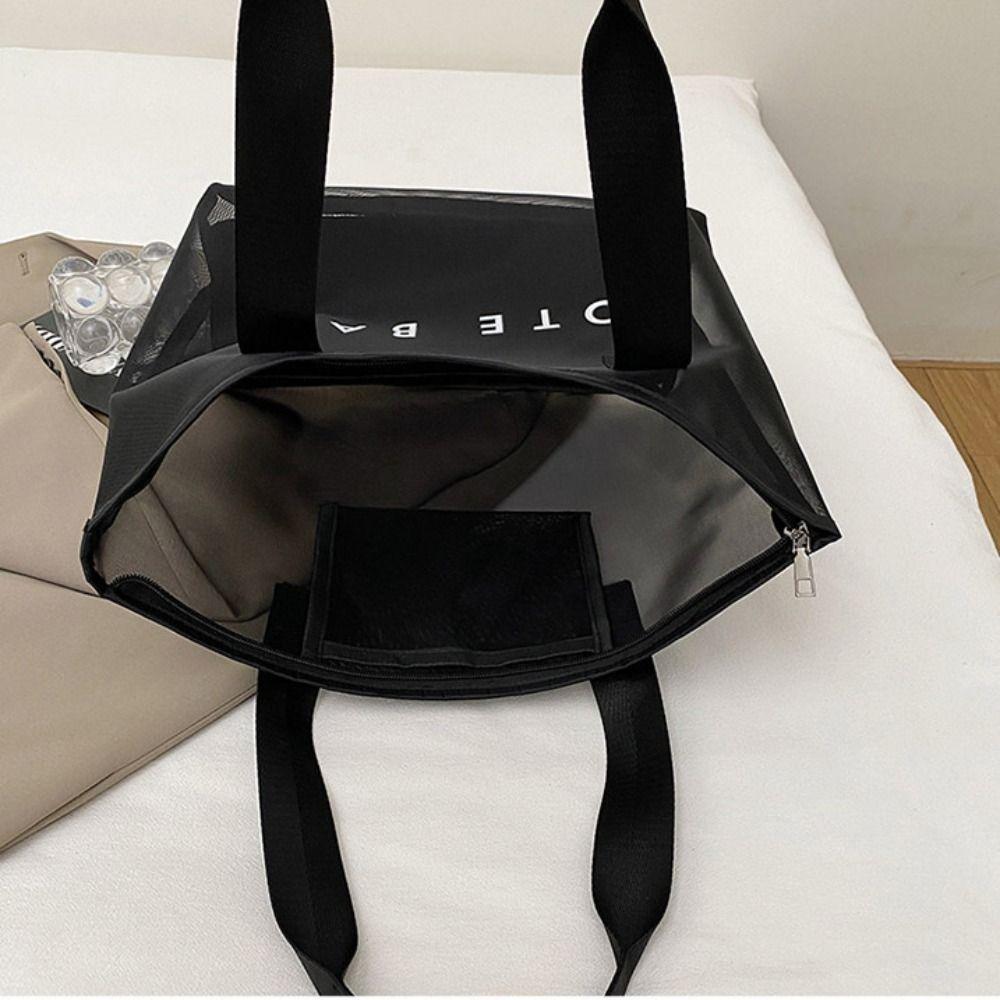 Large Capacity Mesh Tote Bag Zipper Shopping Shoulder Bag Breathable Swimming Handbag  Cosmetic