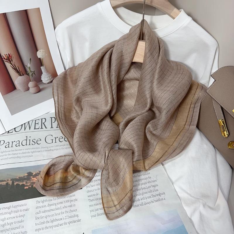 90 square scarf silk scarf women's new fashion color matching versatile neck protection scarf scarf simple gold thread scarf yarn shawl