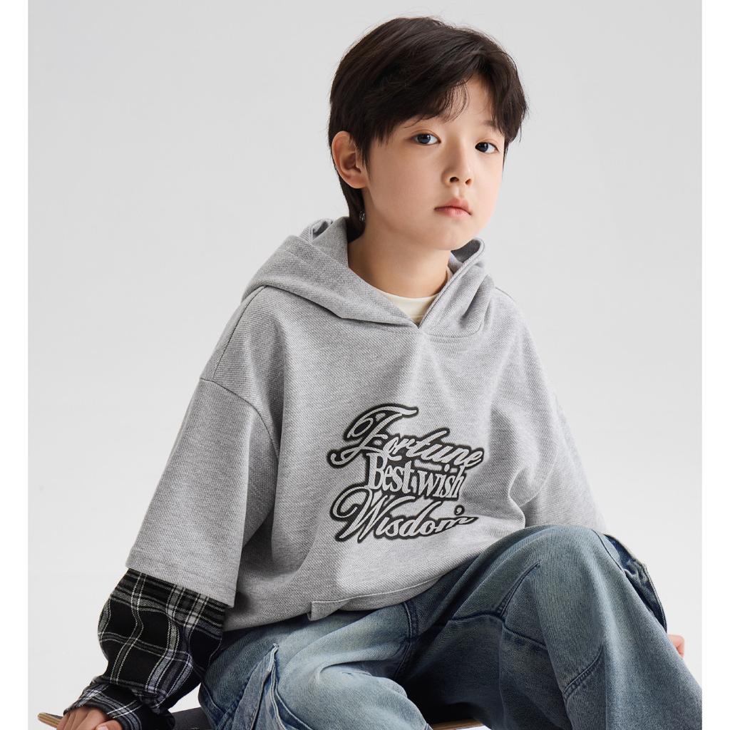 Left West Children's Wear Boys' Fake Two-piece Hooded Hoodie Spring Wear 2026 New Handsome Boys' Spring and Autumn Top