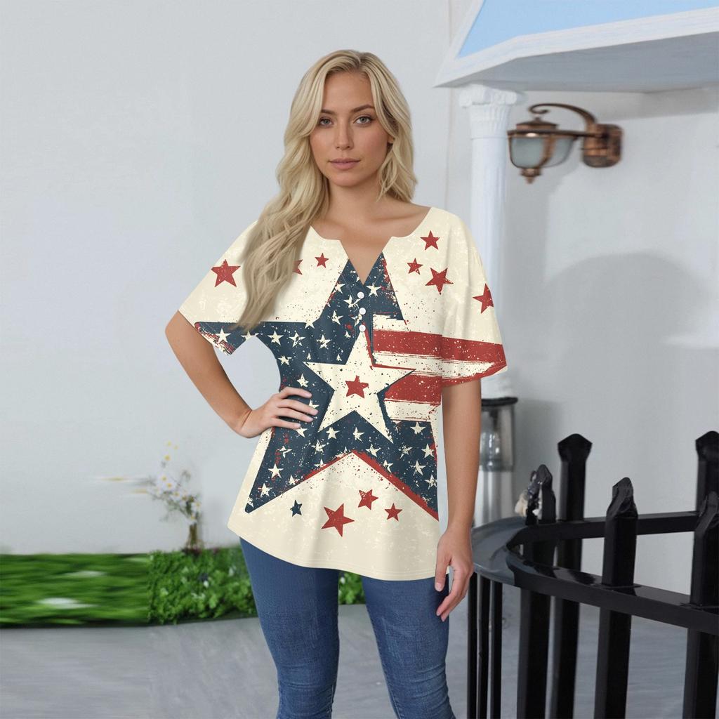 Women's T Shirt Tee Print Button Short Sleeve Daily Weekend Fashion Basic V- Neck Regular Top