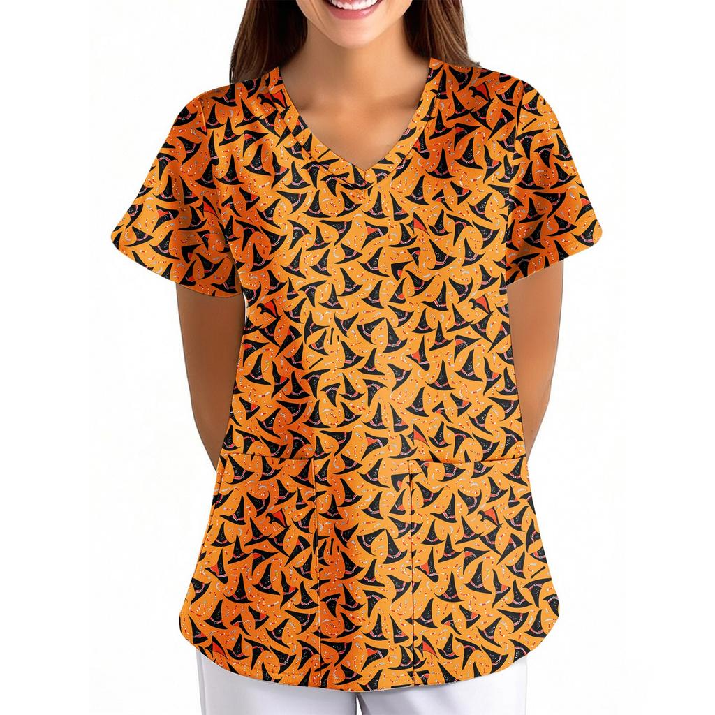 Women's Halloween Printed Loose V-Neck Pocket Short SleevUniform Uniform